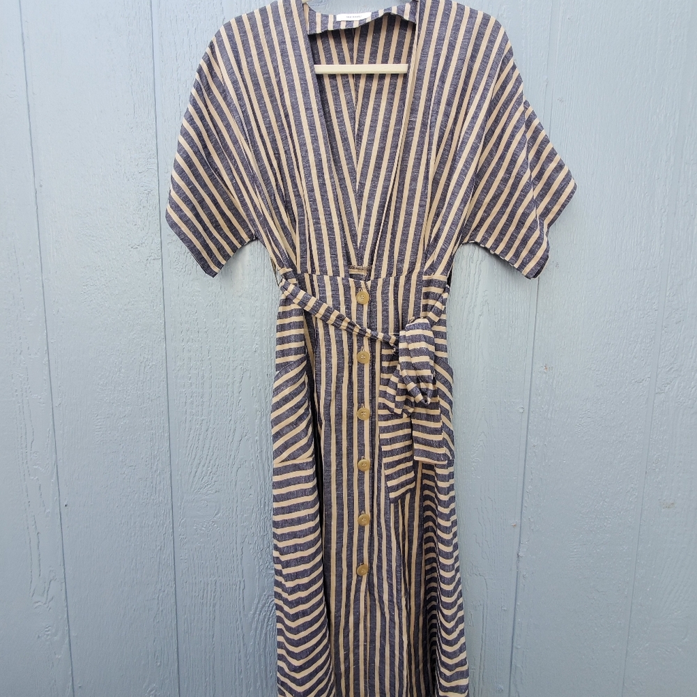 Sita Murt Linen Blend Stripe Fit & Flare Button Belted Boho Midi Dress 38/6